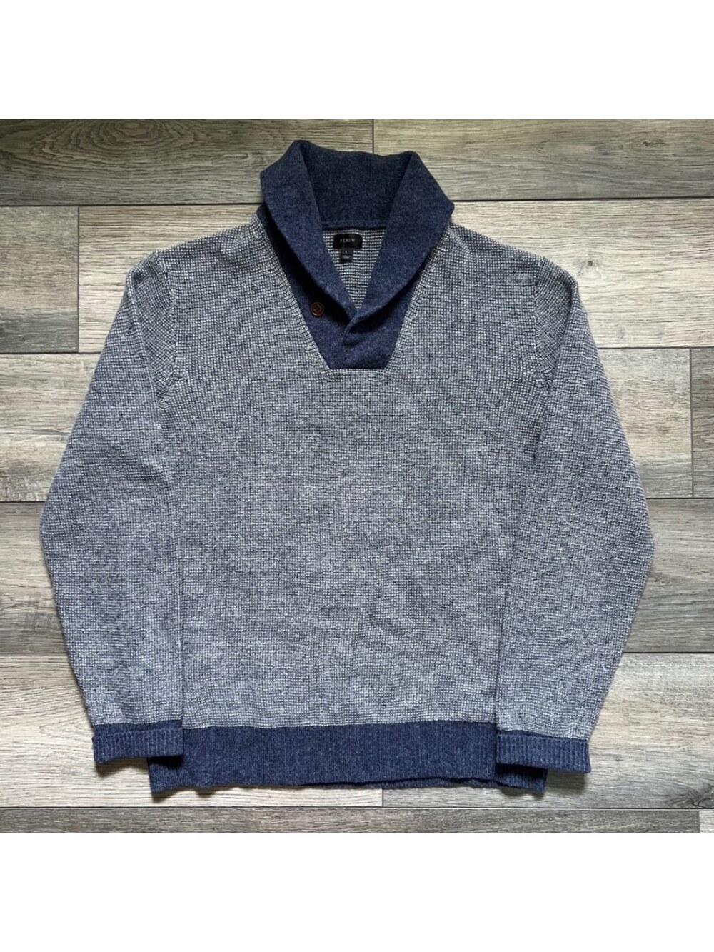J.Crew Men's L Shawl Collar Waffle Knit Sweater 100% Wool Navy Blue